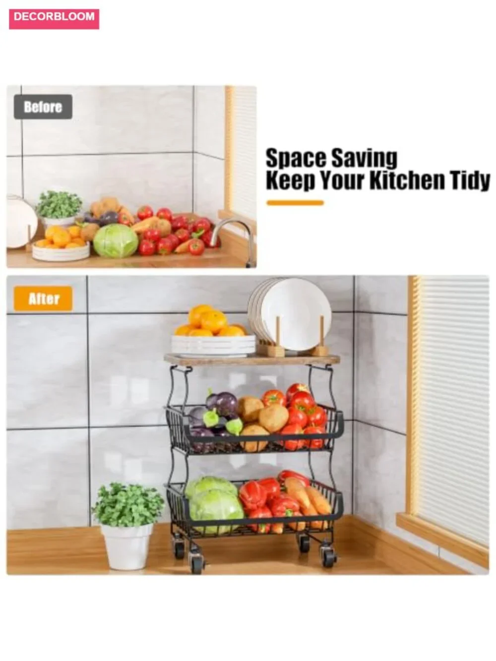 5 Tier Rolling Fruit Vegetable Storage Cart Wood Top Lockable Wheels Kitchen